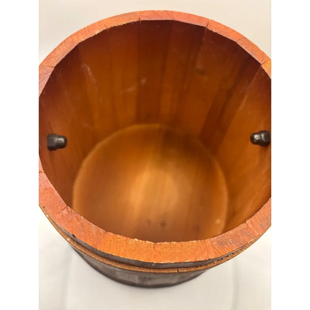 Rustic Wooden Decorative Bucket with Lid and Metal Handle Farmhouse Decor